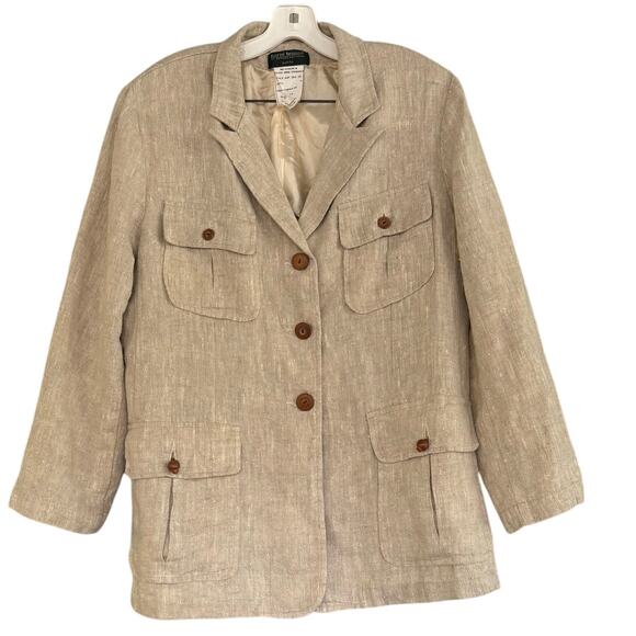 Harve Benard Biege Linen Blazer Jacket Womens Size 12P Shoulder Pads Old Money - Picture 1 of 11